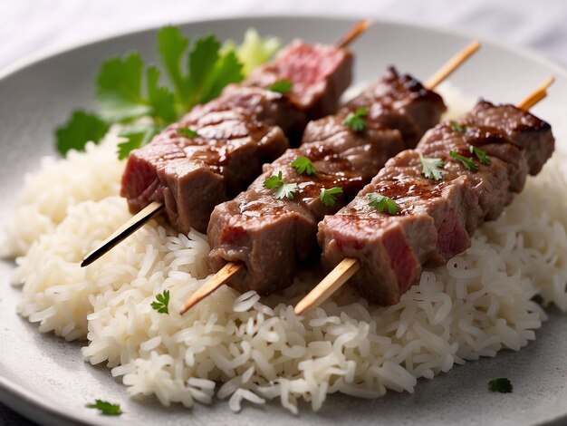 Beef skewers on a bed of white rice