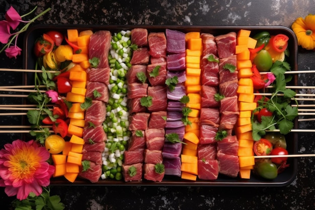 Beef skewers with colorful veggies on grill top view created with generative ai