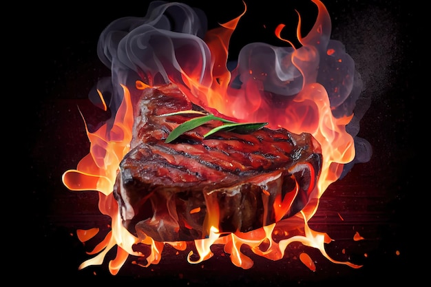 Beef steak cooking over flaming grill Generative Ai