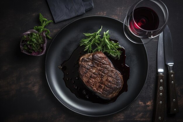 Photo beef steak on the dish with red wine