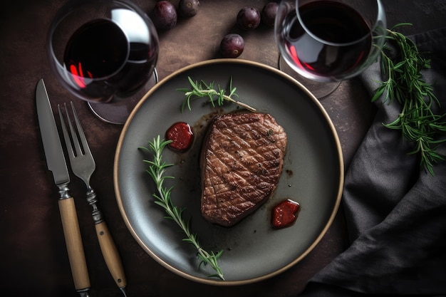 Foto bistecca di manzo sul piatto con vino rosso