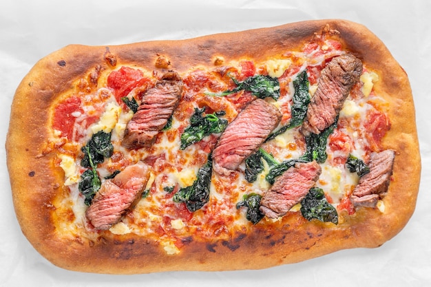 Beef steak focaccia with spinach and cheese