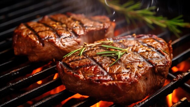Photo beef steak on the grill which is mouthwatering