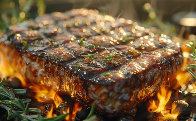 Beef steak on the grill with flames