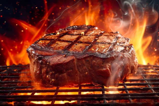 煙と炎のあるグリルの牛肉ステーキ AI ジェネレーティブ