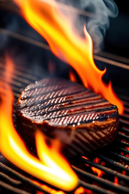 Beef steak on the grill with smoke and flames