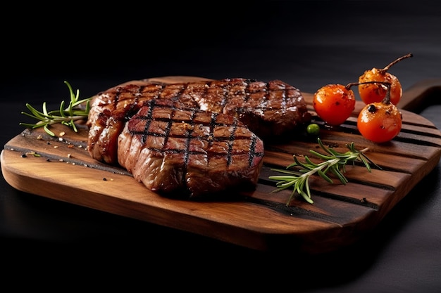 Beef steak Grilled beef steak striploin medium rare on slate serving board at stone table Top view