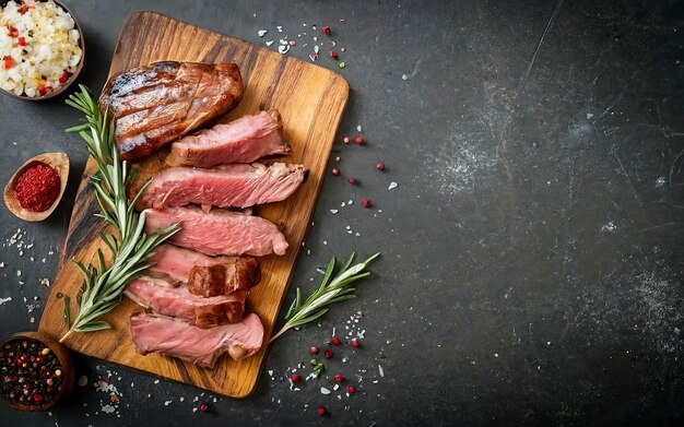 Beef steak Grilled meat at wooden cutting board with spices Top view image with copy space