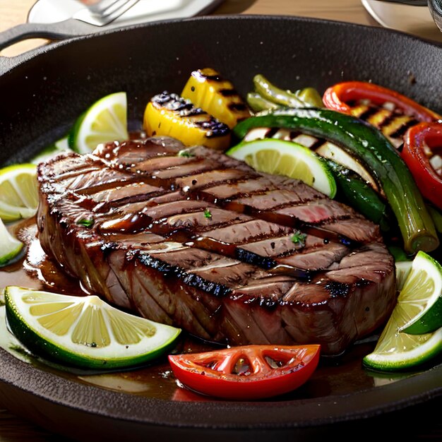 Beef steak and grilled vegetables on cutting board