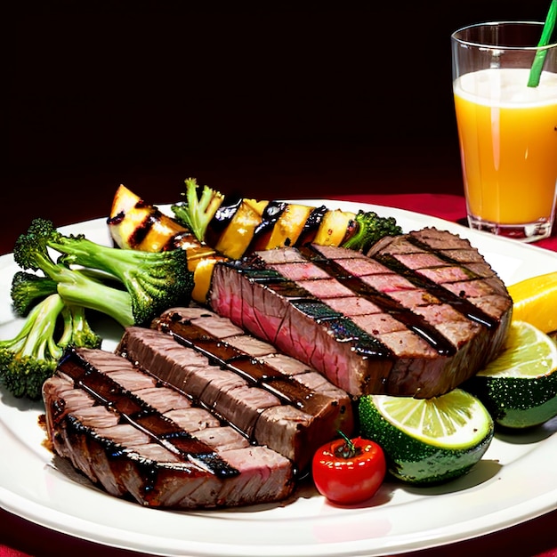 Beef steak and grilled vegetables on cutting board