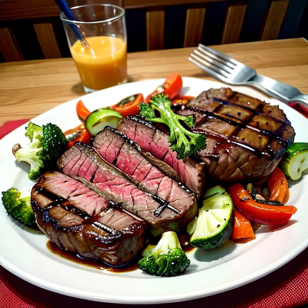 Beef steak and grilled vegetables on cutting board