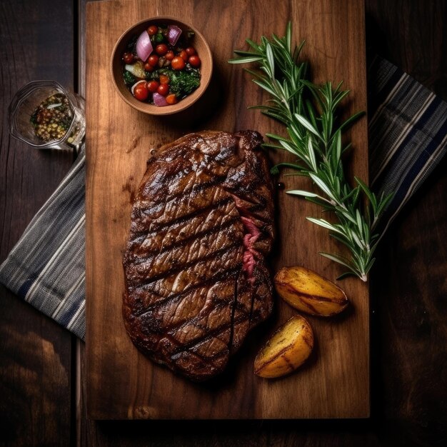 Beef steak grilled and on wooden board Generative AI