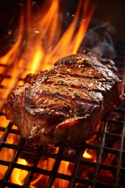 A beef steak is being cooked on a grill with fire flames