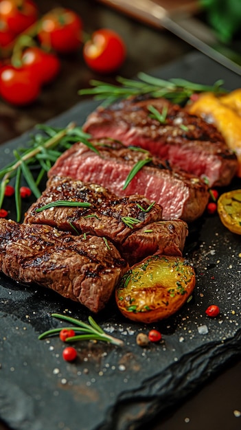 Beef steak paired with veggies soy sauce and rosemary