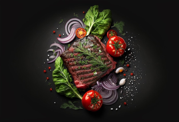 Beef steak product studio photo dark black background fresh tomato salad with onion Generative AI illustration