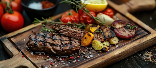 Beef steak served on a wooden platter with grilled vegetables and spices