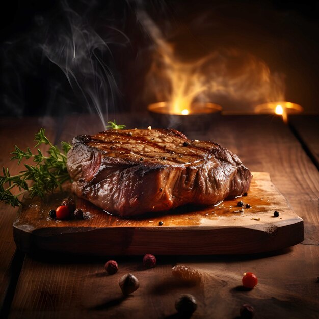 Photo a beef steak sits on a wooden board