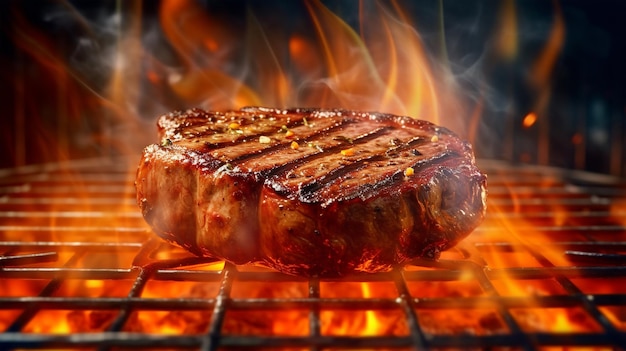 Beef steak sizzling on the grill flame Generated AI