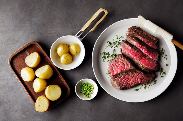 Beef steak slice on plate with salad