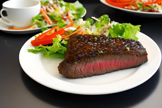 beef steak slice on plate with salad