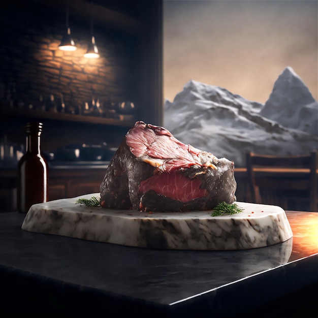 Beef steak on stone plate in restaurant, beautiful background view on snow mountains. Generat by AI