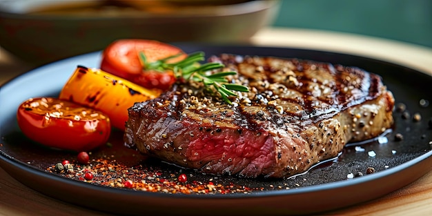 Beef Steak and Vegetables on a Plate on a Table