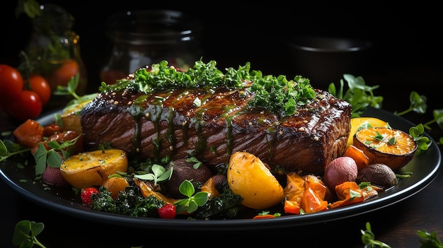 Photo beef steak and vegetables on plate