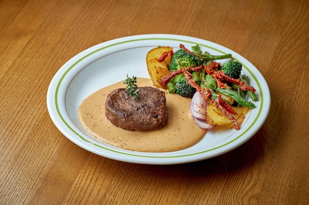 Beef steak with black pepper sauce and vegetables steamed on a white plate on a wooden background