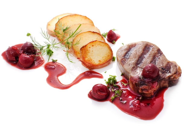 Beef Steak with brandied cherry sauce