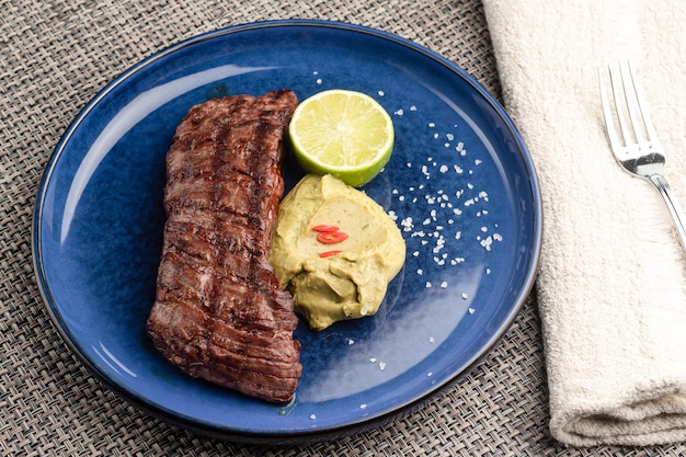 Beef steak with celery puree dish beef steak with puree