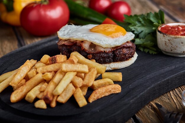 Beef steak with egg and salad from greens and vegetables Wooden background table setting fine dining