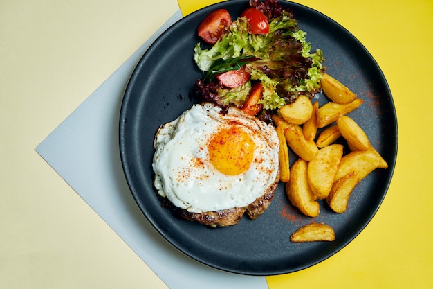 Beef steak with fried eggs with a side dish of salad and fried potatoes on a black plate on a colored surface Appetizing food for lunch