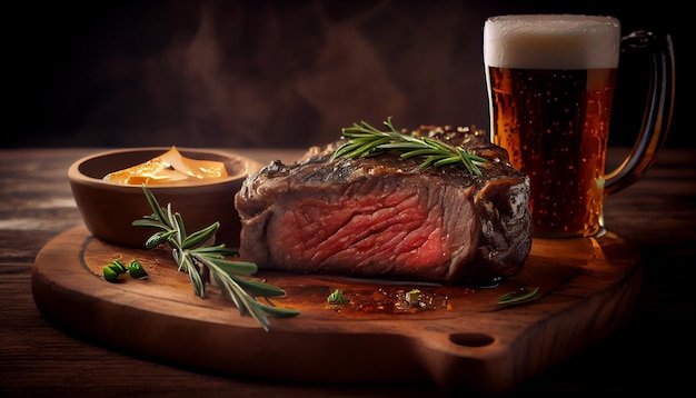 Beef steak with glass of beer and rosemary on a wooden tablegenerative ai