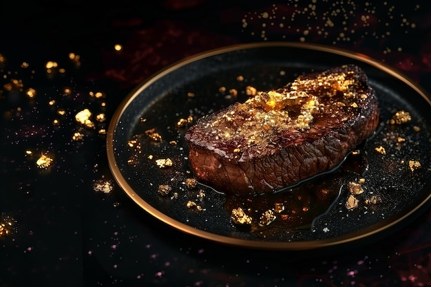 A beef steak with gold in a plate Luxury restaurant dish Dark burgundy color background