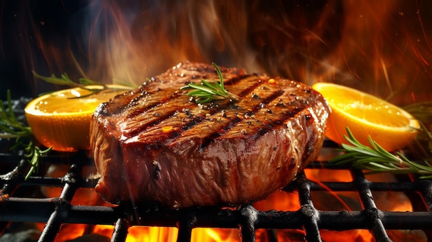 Beef steak with lemon sizzling on the grill flame Generated AI