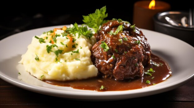 Beef steak with mashed potato UHD wallpaper
