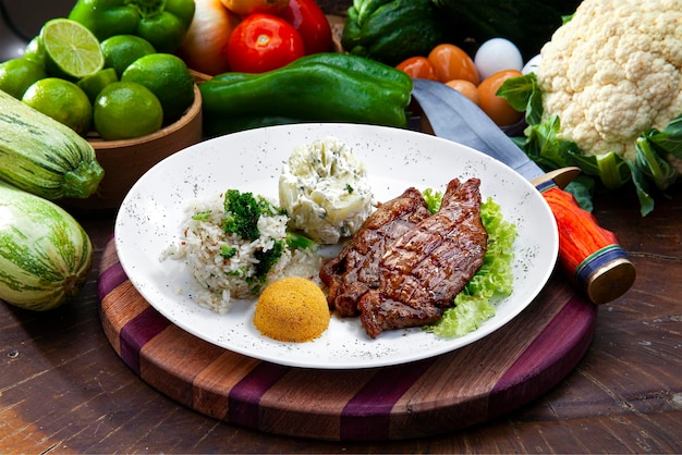 Beef steak with potatoes and rice