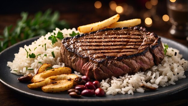 beef steak with rice and fries