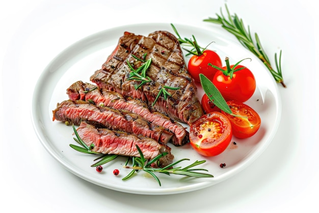 Beef steak with tomatoes and rosemary on white plate