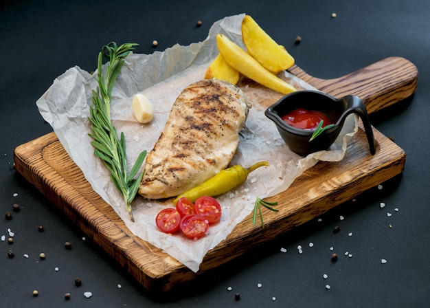 Bistecca di manzo con ramoscello di rosmarino e patate su un tavolo di legno.