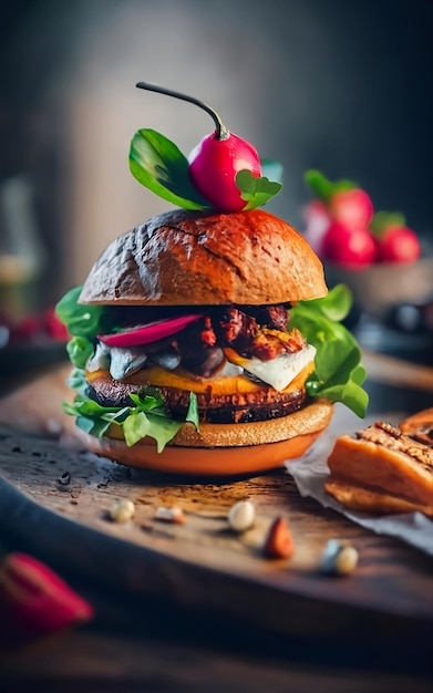 Foto bistecca di manzo con verdure hamburger ai immagine generata