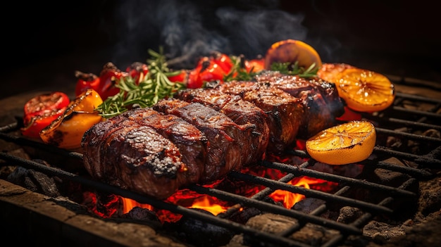 Beef steaks food on the grill with flames