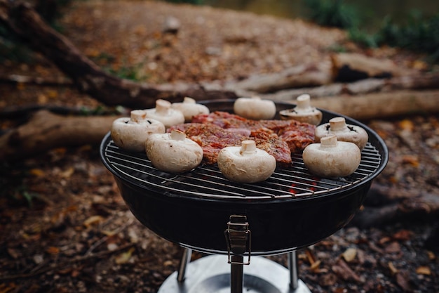 Beef steaks on grill outdoor near river