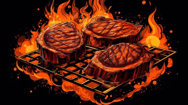 Beef steaks on a grill with fire around