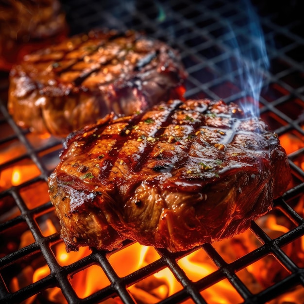 Beef steaks on the grill with flames generative ai