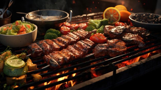 写真 焼き肉のステーキを炎で焼く