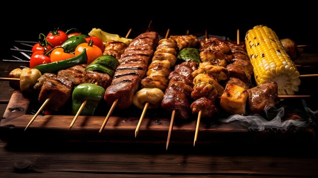 Beef steaks and vegetables on the grill with flames Barbecue