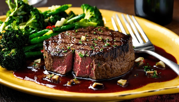 Beef steaks with asparagus and balsamic vinegar ai generative