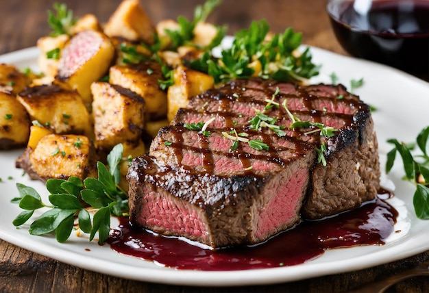 Beef steaks with asparagus and balsamic vinegar ai generative