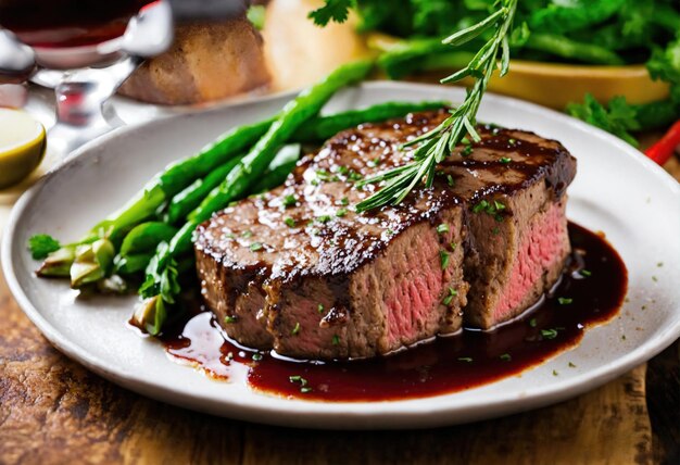 Beef steaks with asparagus and balsamic vinegar ai generative